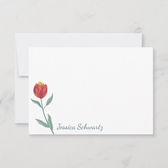 Minimalist Red Protea Flower Drawing Personalized Note Card (Front)