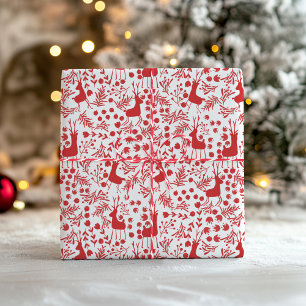Minimalist Red Reindeer, Foliage Christmas Pattern Wrapping Paper