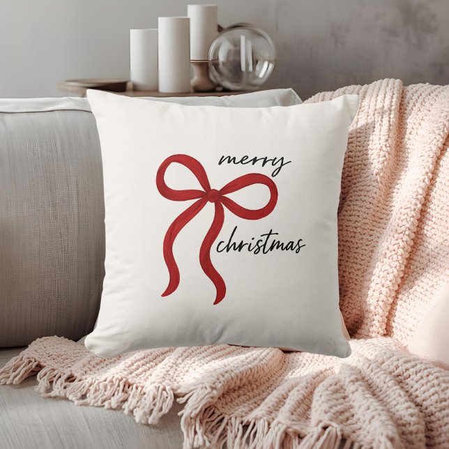 Minimalist Red Ribbon Bow Merry Christmas  Throw Pillow (Creator Uploaded)