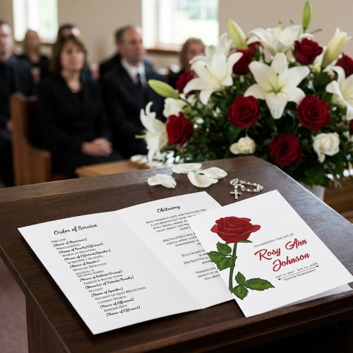 Minimalist Red Rose Funeral Program 4-Page