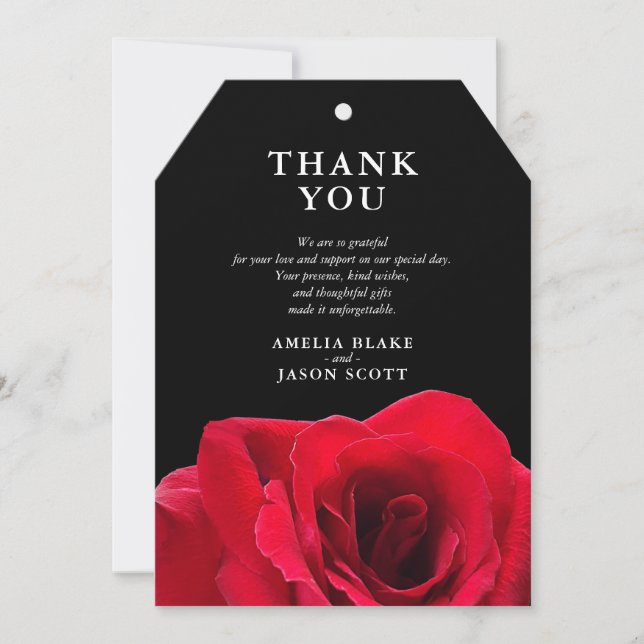 Minimalist Red Rose on Black Thank You Card (Front)