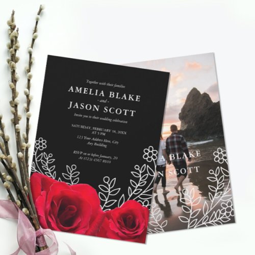 Minimalist Red Rose on Black Wedding Invitation