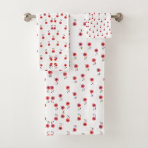 Minimalist Red Scandi Floral Pattern Bath Towel Set