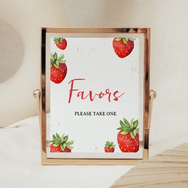 Minimalist Red Strawberry Favors Poster (Berry Sweet Baby Shower Favors Sign)