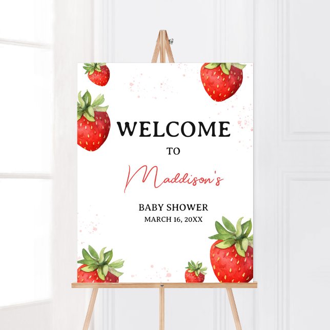 Minimalist Red Strawberry Welcome Poster (Berry Sweet Baby Shower Welcome Sign)