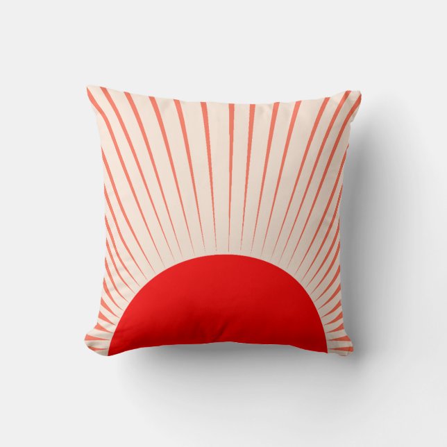 Minimalist Red Sun and Sun Rays Throw Pillow (Front)