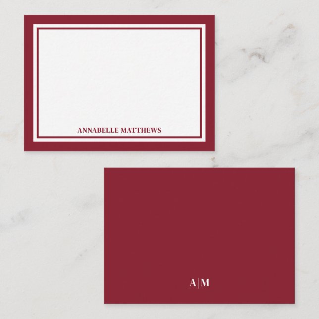 Minimalist Red Two Border Monogram Note Card (Front/Back)
