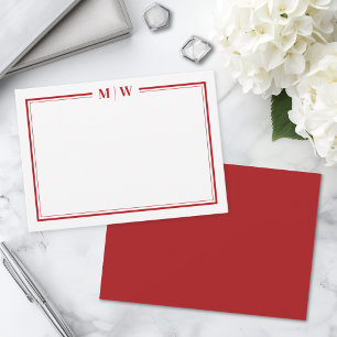 Minimalist Red Two Border Monogram Note Card
