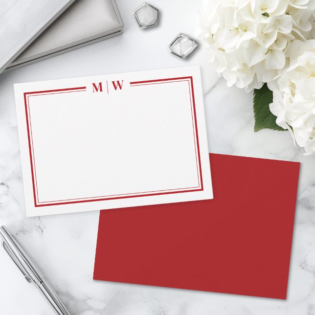 Minimalist Red Two Border Monogram Note Card (Minimalist Red Two Border Monogram Note Card)