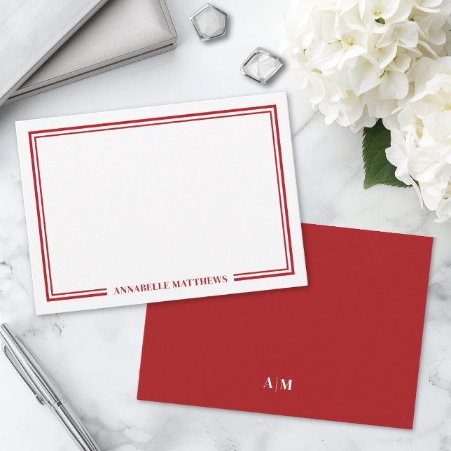 Minimalist Red Two Border Monogram Note Card (Minimalist Red Two Border Monogram Note Card )