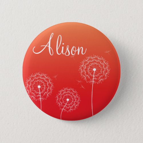 Minimalist Red White Dandelion Flowers Name Pinback Button