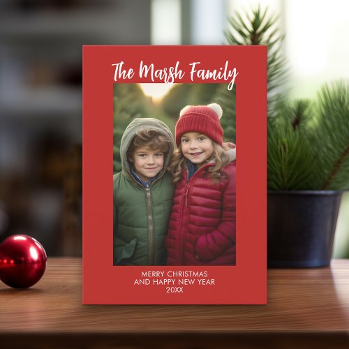 Minimalist Red White Family Handwritten Christmas Holiday Card