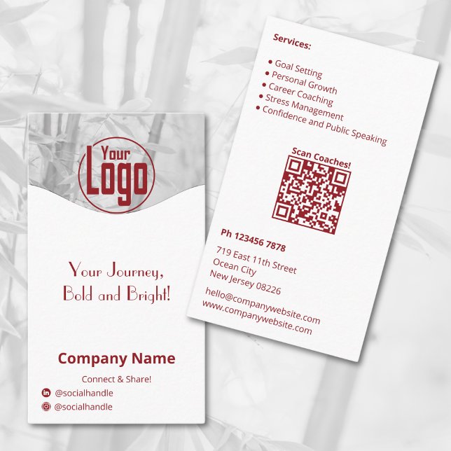 Minimalist Red White Life Coach Company Business Card (Minimalist Red White Life Coach Company Business Card, Logo, Motto, Social, QR code, Service List)