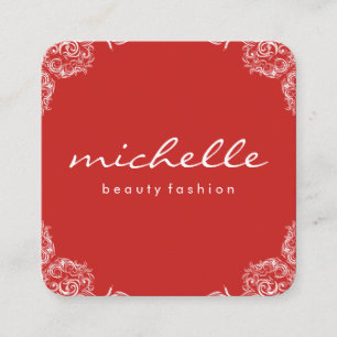 Minimalist Red with Cursive Text Fancy Corners Square Business Card