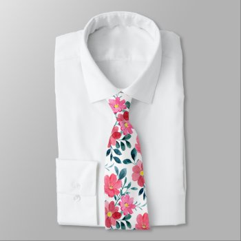 Minimalist Reddish Pink Floral Watercolor Neck Tie by pinkgifts4you at Zazzle