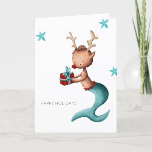 Minimalist Reindeer mermaid with present Holiday Card