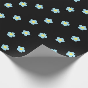 Minimalist Retro 90s Y2k Pastel Blue Flowers Black Wrapping Paper