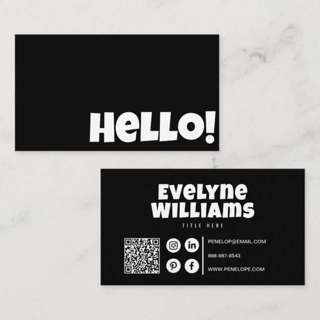 Minimalist Retro Black And White QR Code Hello  Business Card (Front/Back)