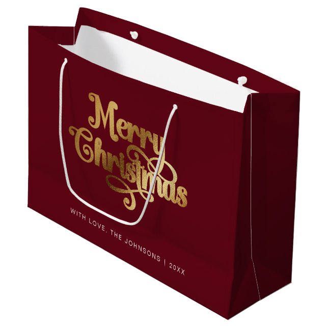 Minimalist Retro Chic Red Gold Merry Christmas Large Gift Bag (Front Angled)