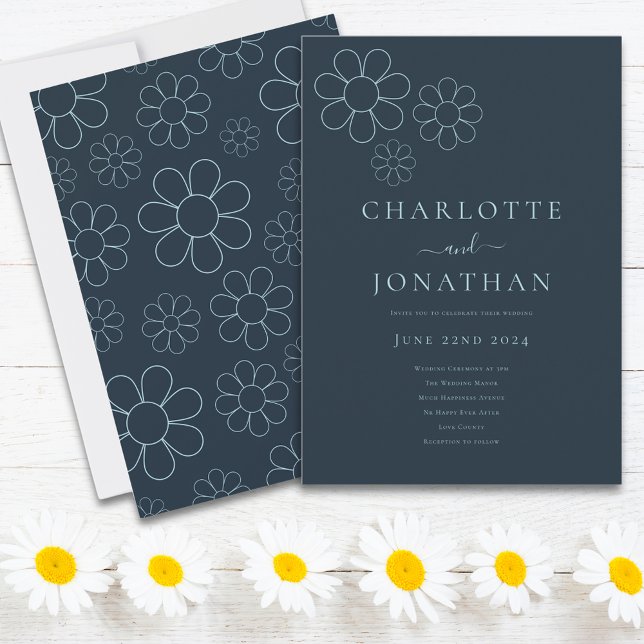 Minimalist Retro Daisy Blue Invitation (Minimalist retro daisy blue wedding invitation )