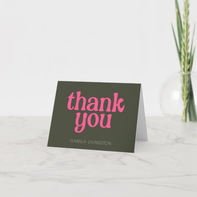Minimalist Retro Groovy Pink Green Bridal Shower Thank You Card (Front)