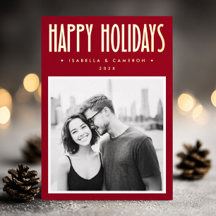 Minimalist retro Happy Holidays deep red Christmas Foil Holiday Card