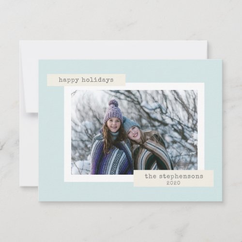 Minimalist Retro Pastel Blue Custom Photo Holiday Card