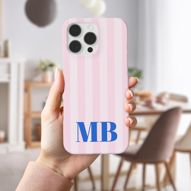 Minimalist Retro Pink Blue Striped Monogram Case-Mate iPhone Case (Creator Uploaded)