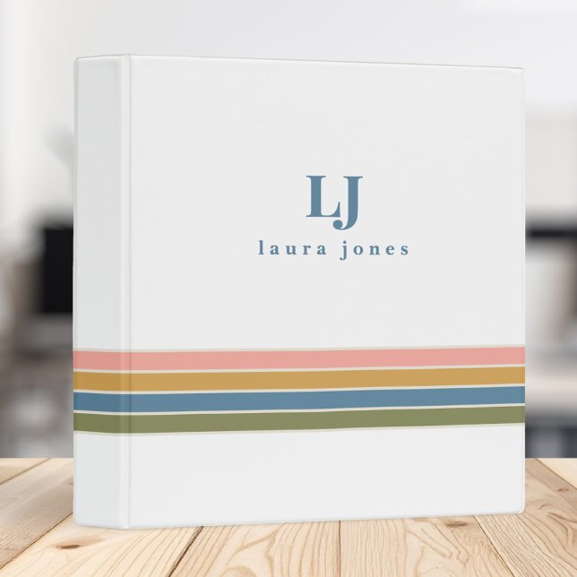 Minimalist Retro Stripes Monogram 3 Ring Binder (Creator Uploaded)