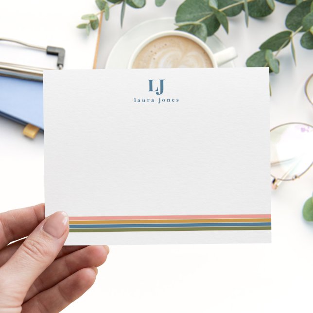 Minimalist Retro Stripes Monogram Note Card (Creator Uploaded)