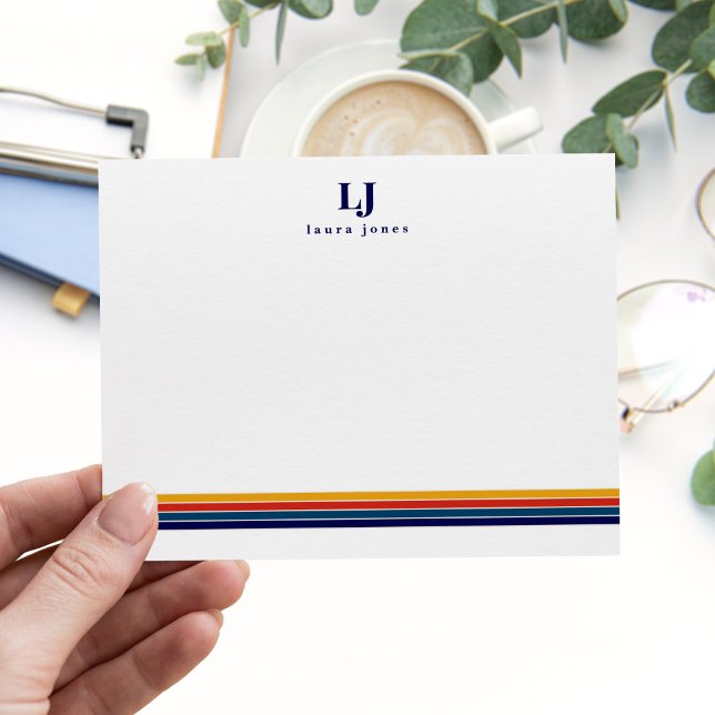 Minimalist Retro Stripes Monogram Note Card (Creator Uploaded)