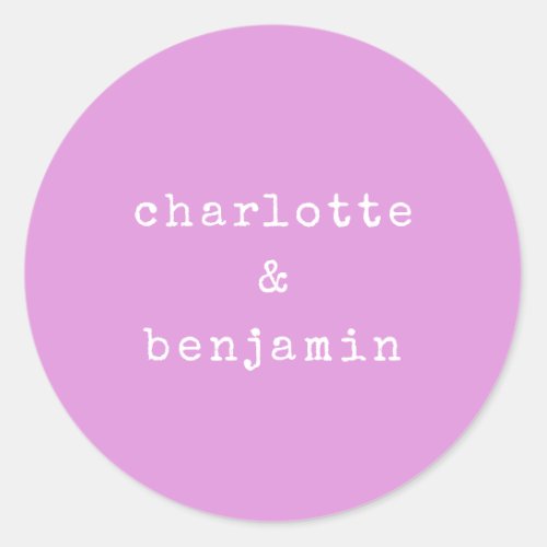 Minimalist Retro Typewriter Couple Names Pink Classic Round Sticker
