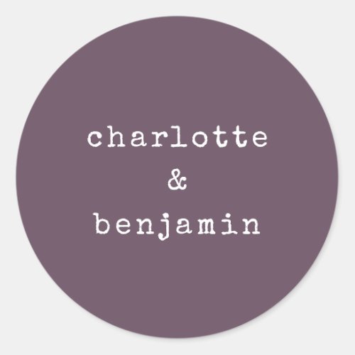 Minimalist Retro Typewriter Couple Names Plum Classic Round Sticker