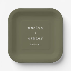 Minimalist Retro Typewriter Olive Custom Wedding  Paper Plates