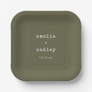 Minimalist Retro Typewriter Olive Custom Wedding Paper Plates