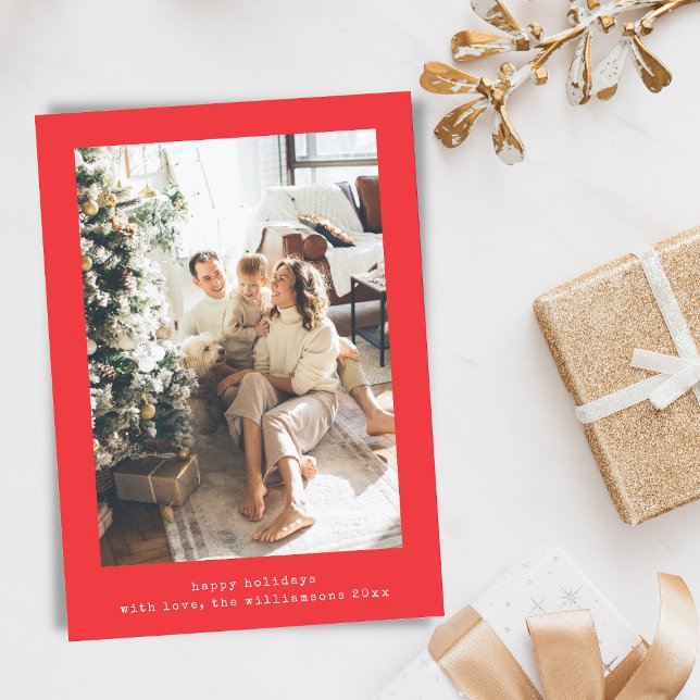 Minimalist Retro Typewriter Two Vertical Photo Red Holiday Card (Creator Uploaded)
