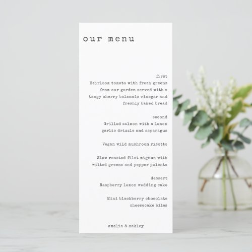 Minimalist Retro Typewriter White Custom Wedding  Menu