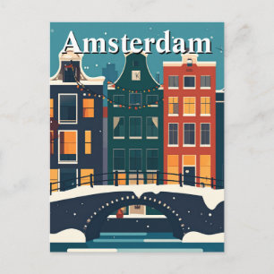 Minimalist Retro Winter in Amsterdam Canal Houses  Postcard