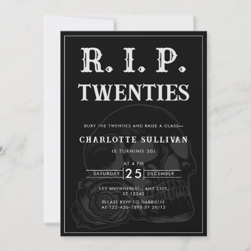Minimalist Rip 20s Black White Skull 30th Birthday Invitation