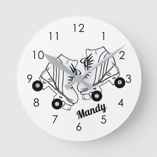 Minimalist Roller Skates Drawing Custom Name Round Clock
