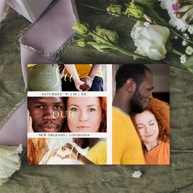 Minimalist Romantic 4 Wedding Engagement Photos Foil Invitation (Creator Uploaded)