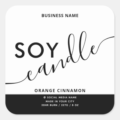 Minimalist romantic black white script soy candle  square sticker