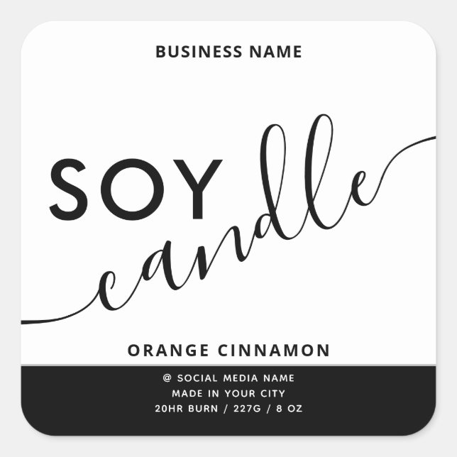 Minimalist romantic black white script soy candle  square sticker (Front)