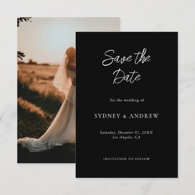 Minimalist Romantic Chic Black Photo Save The Date (Front/Back)