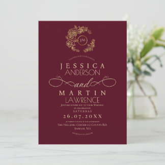 Minimalist Romantic Script Burgundy Gold Wedding  Invitation