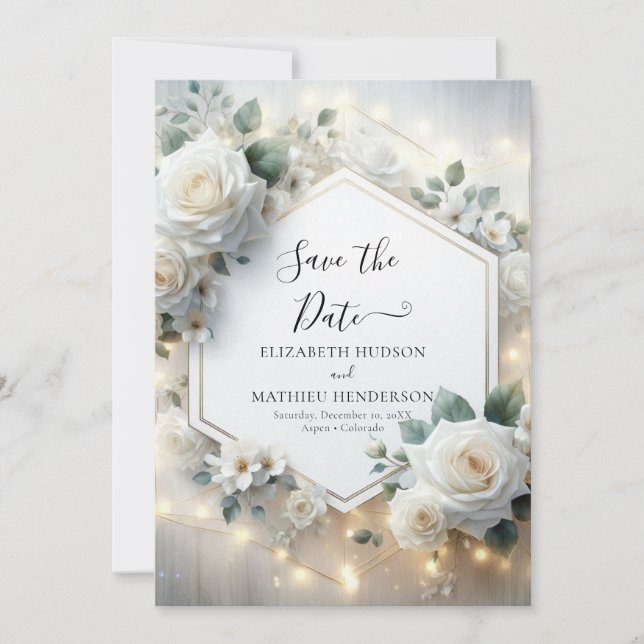 Minimalist Romantic White Roses Wedding Save The Date (Front)