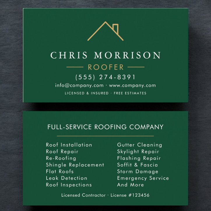 Minimalist Roofer Green Gold Modern Business Card