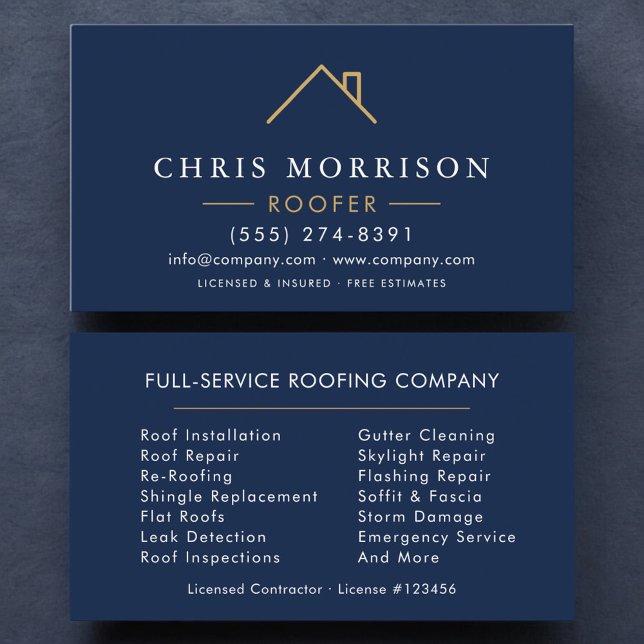 Minimalist Roofer Navy Blue Gold Modern Business Card (Creator Uploaded)