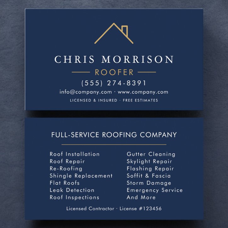 Minimalist Roofer Navy Blue Gold Modern Business Card
