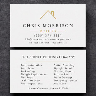 Minimalist Roofer White Gold Modern Business Card